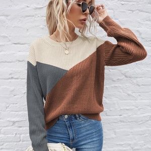 Cozy Pink Grey crew neck knit multicolor sweater top